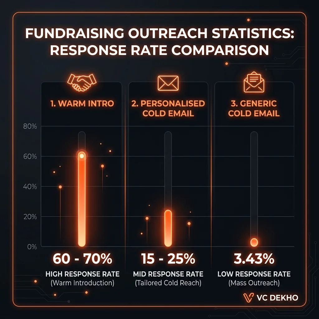Comparison of warm intro vs cold email response rates for Indian startup fundraising 2026